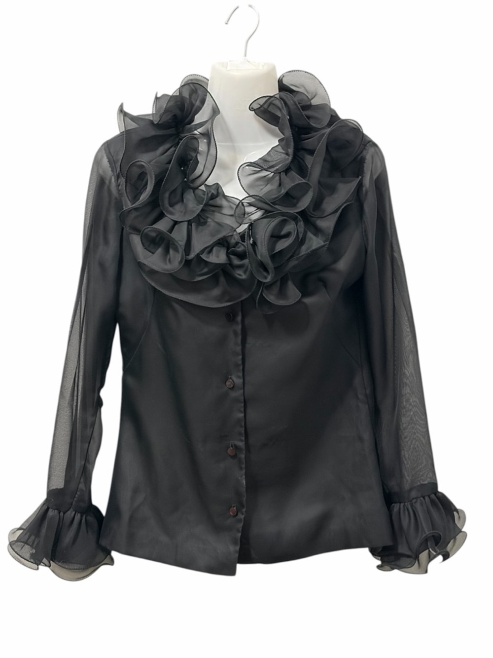Vintage 90s Elite Black Ruffle Blouse – Sheer Sleeves – Dramatic Romantic Top
